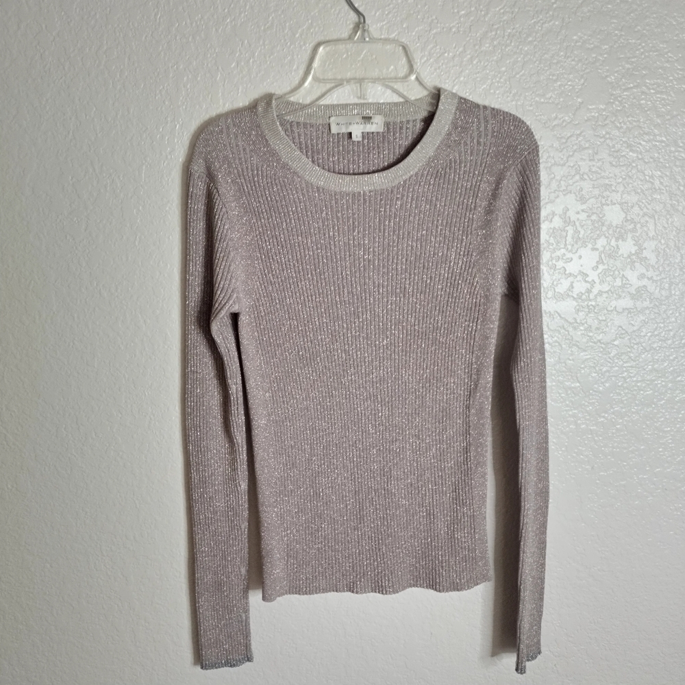 White + Warren Metallic Ribbed Slim Fit Sweater Beige & Silver Sz S
